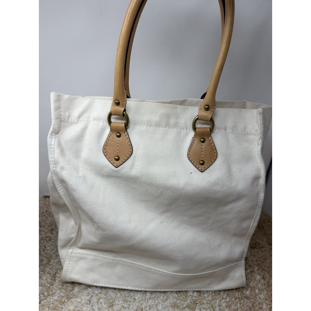 J Crew White Cotton & Leather Carryall Tote Bag Purse